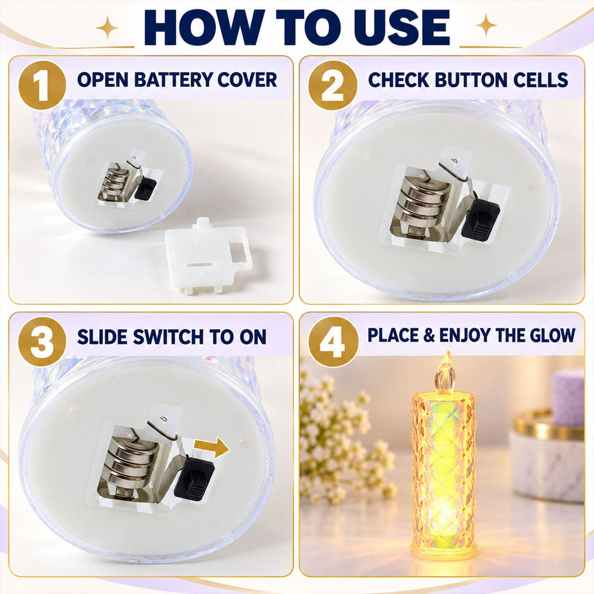 A four-panel graphic illustrates how to use the crystal LED candle, showing battery insertion and switch operation.