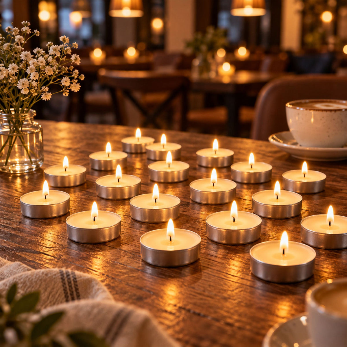 Multiple lit white tealight candles scattered on a wooden table, with a coffee cup and floral arrangement.