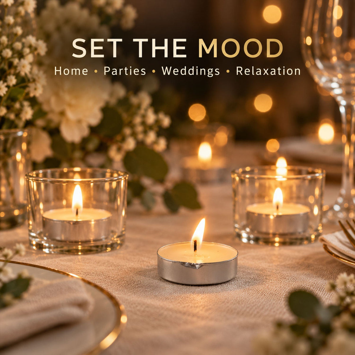 Two lit tealight candles in glass holders and one loose, on a light tablecloth with blurred background decor.