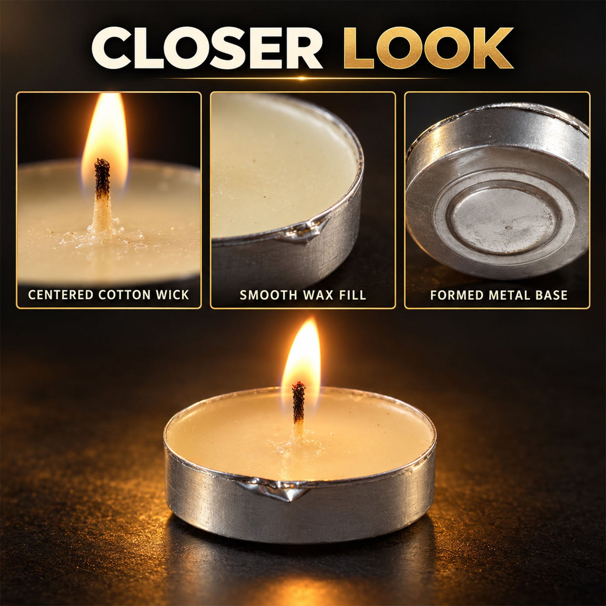 A close-up of a lit tealight candle, with insets showing its cotton wick, smooth wax, and metal base.