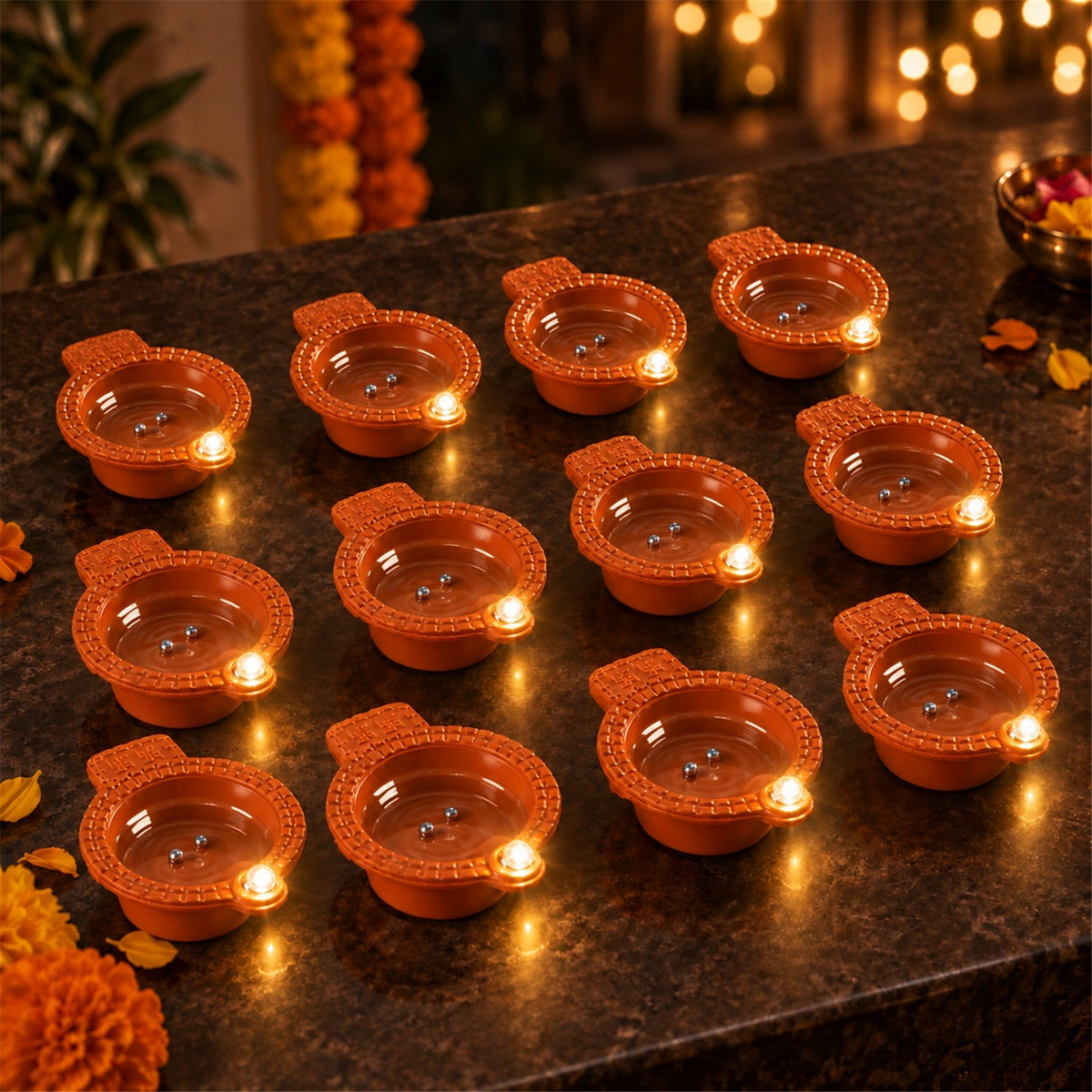 Set of 12 traditional water sensor flameless LED diyas with warm glow