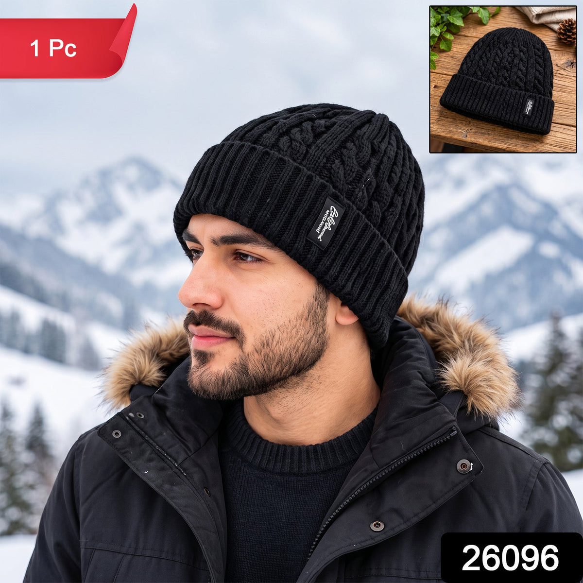 A man in a black cable knit beanie, with a smaller inset image showing the beanie on a wooden surface.