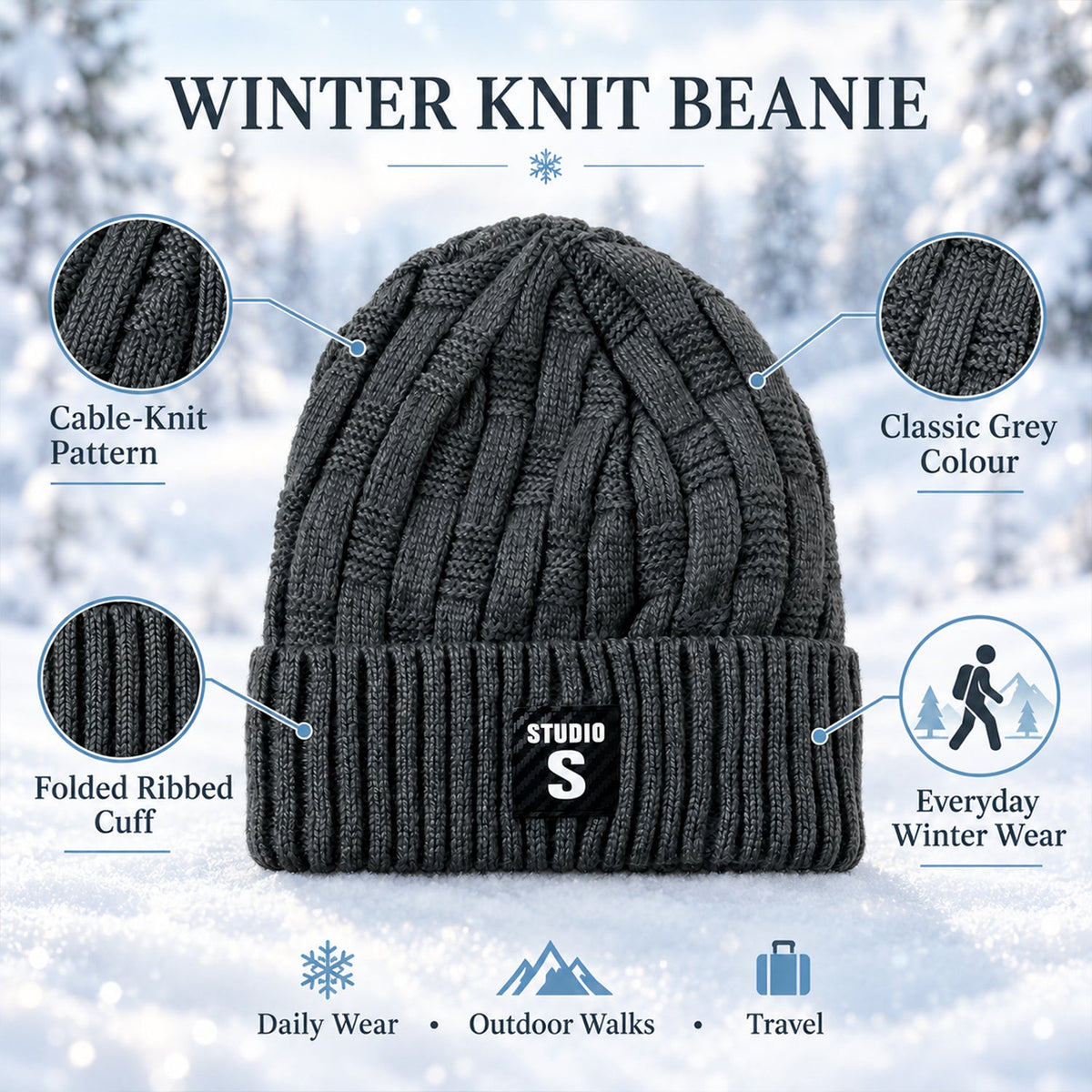 A dark grey cable knit beanie with a ribbed cuff and a black label, highlighted with text callouts describing its features