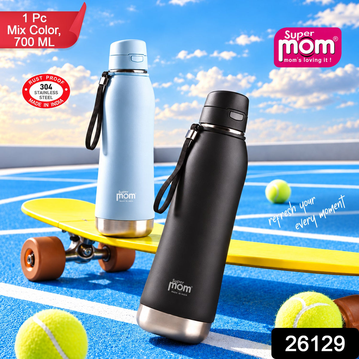 Two insulated stainless steel water bottles, one light blue and one black, stand on a yellow skateboard on a blue – view 2
