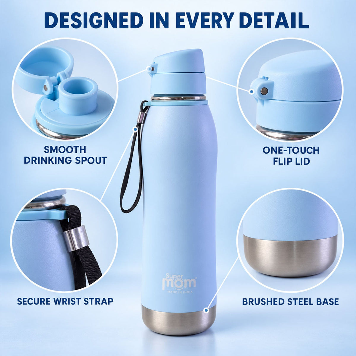 A light blue insulated water bottle with a flip lid and wrist strap, surrounded by close-up details of its features.