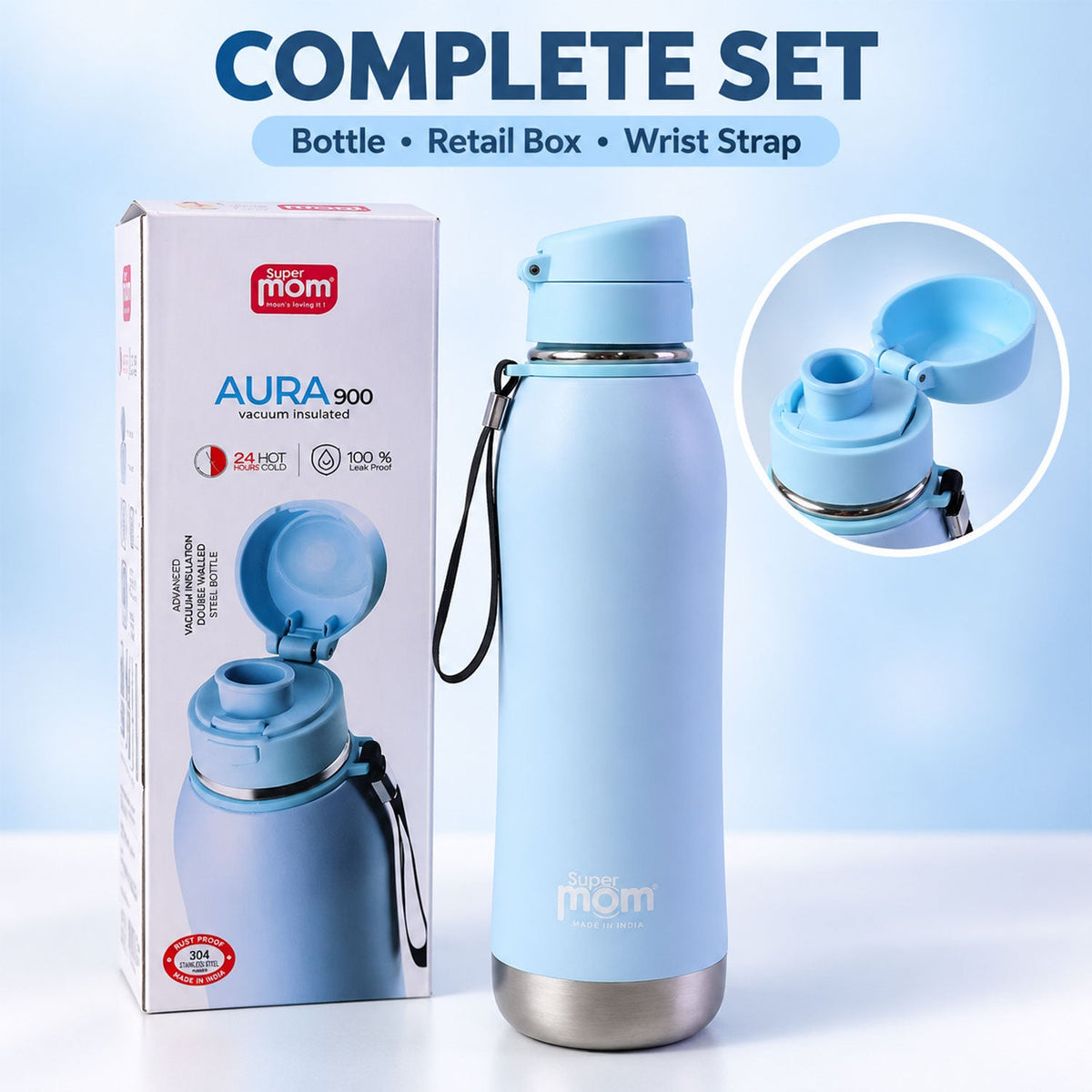A light blue insulated water bottle with its retail box and a close-up of the open flip lid, on a light surface.