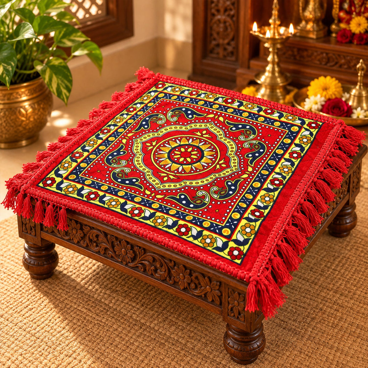 A red prayer mat with a colorful traditional pattern and fringe, placed on a carved wooden stool.