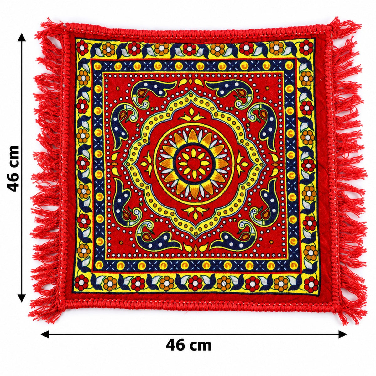 A square red prayer mat with a traditional pattern and fringe, showing dimensions of 46 cm by 46 cm.