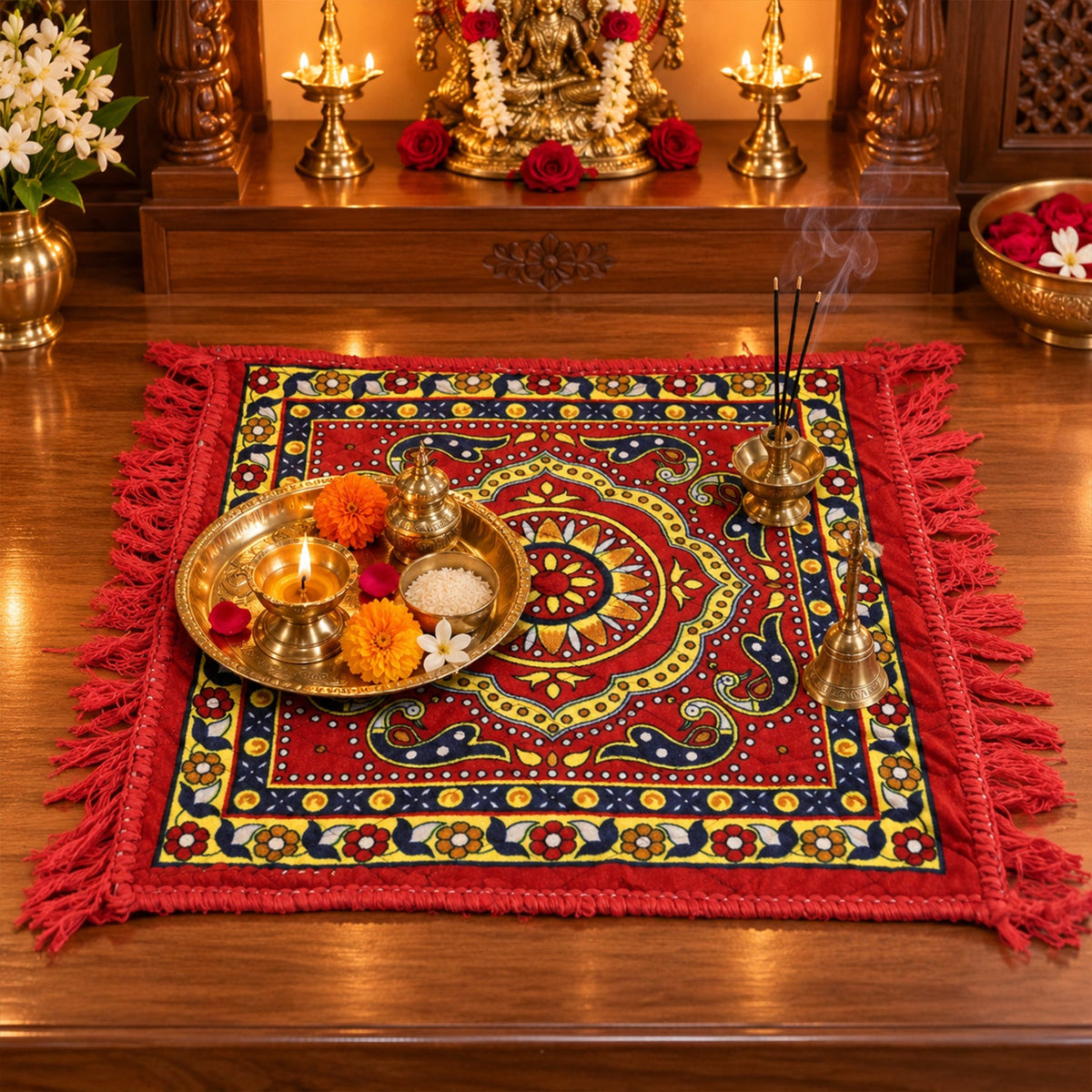 A red prayer mat with a traditional pattern, adorned with a brass puja thali, incense, and a bell.