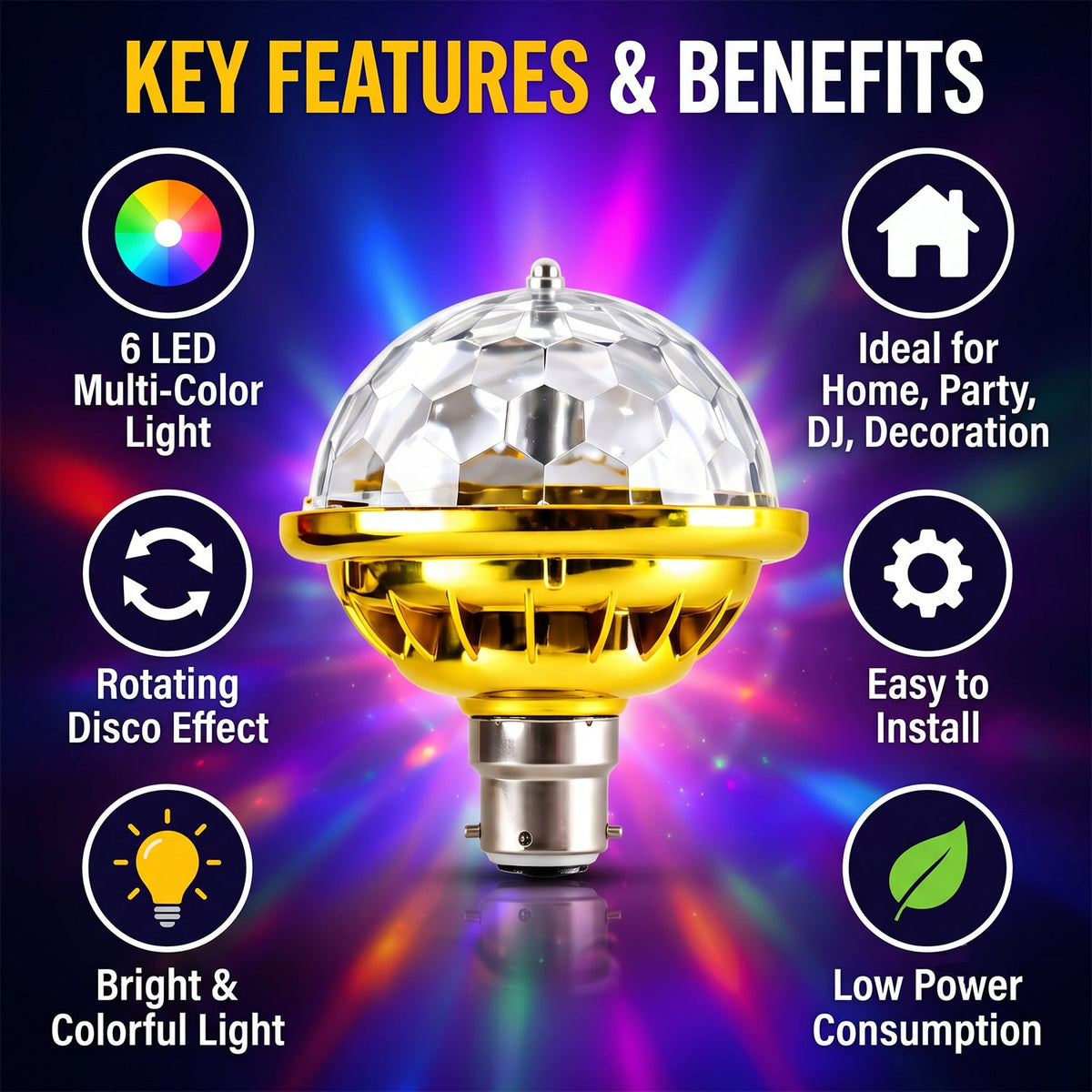 A gold and clear disco bulb with a B22 base is centered against a background of colorful light rays and feature icons.
