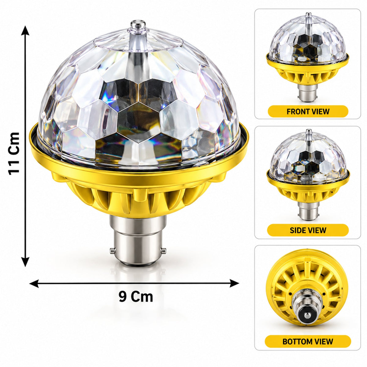 The gold and clear disco bulb with a B22 base is shown with its dimensions and three smaller inset views from different