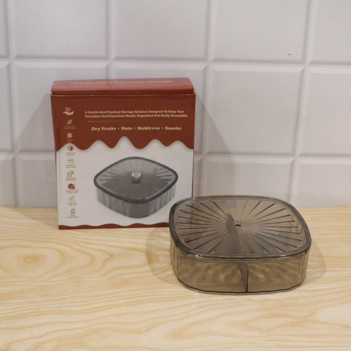Four compartment dry fruit storage box - actual product and box