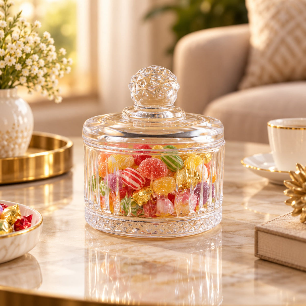 Clear ribbed glass candy bowl lid sweets display