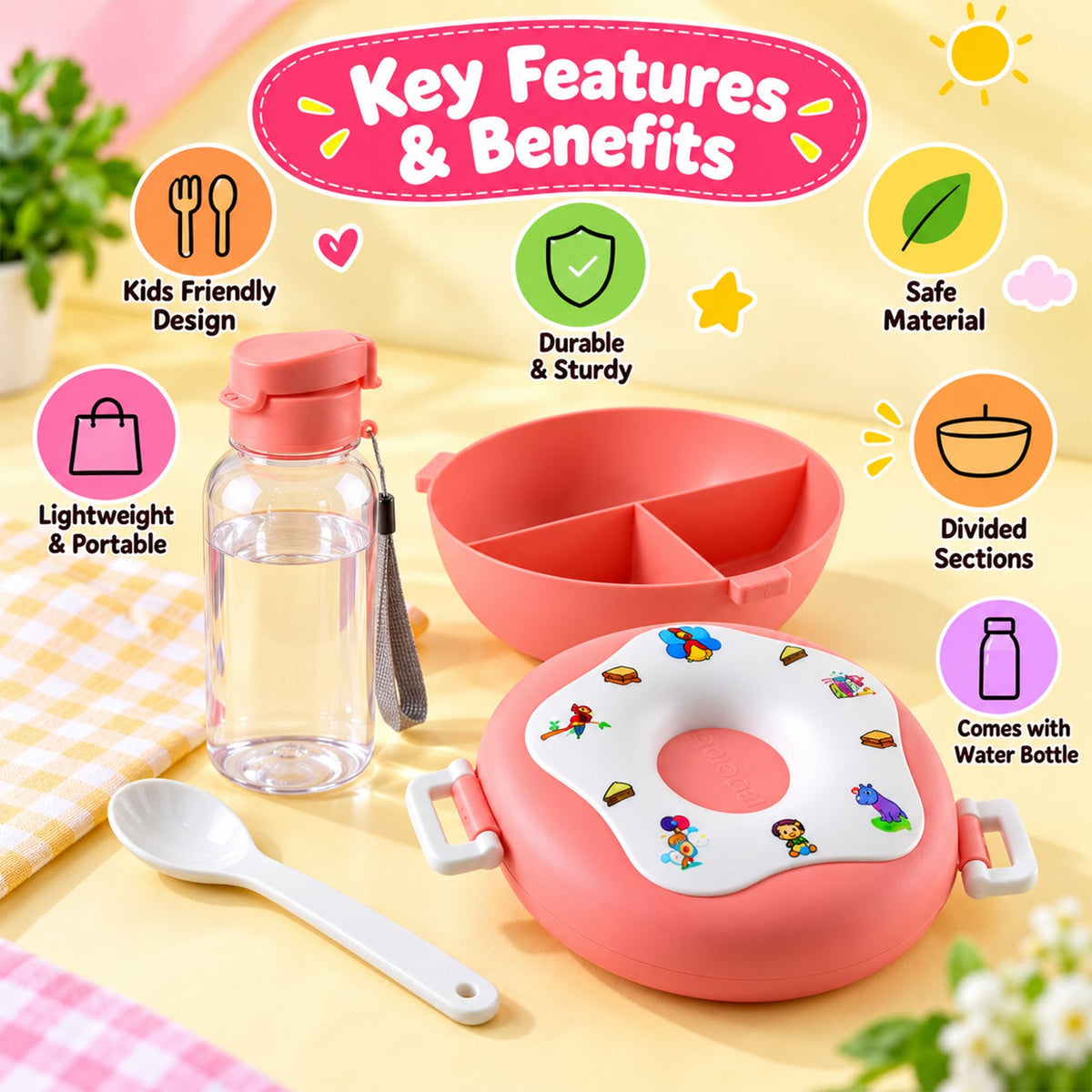 A pink donut-shaped lunch box, divided bowl, and clear water bottle with text highlighting features like kids-friendly