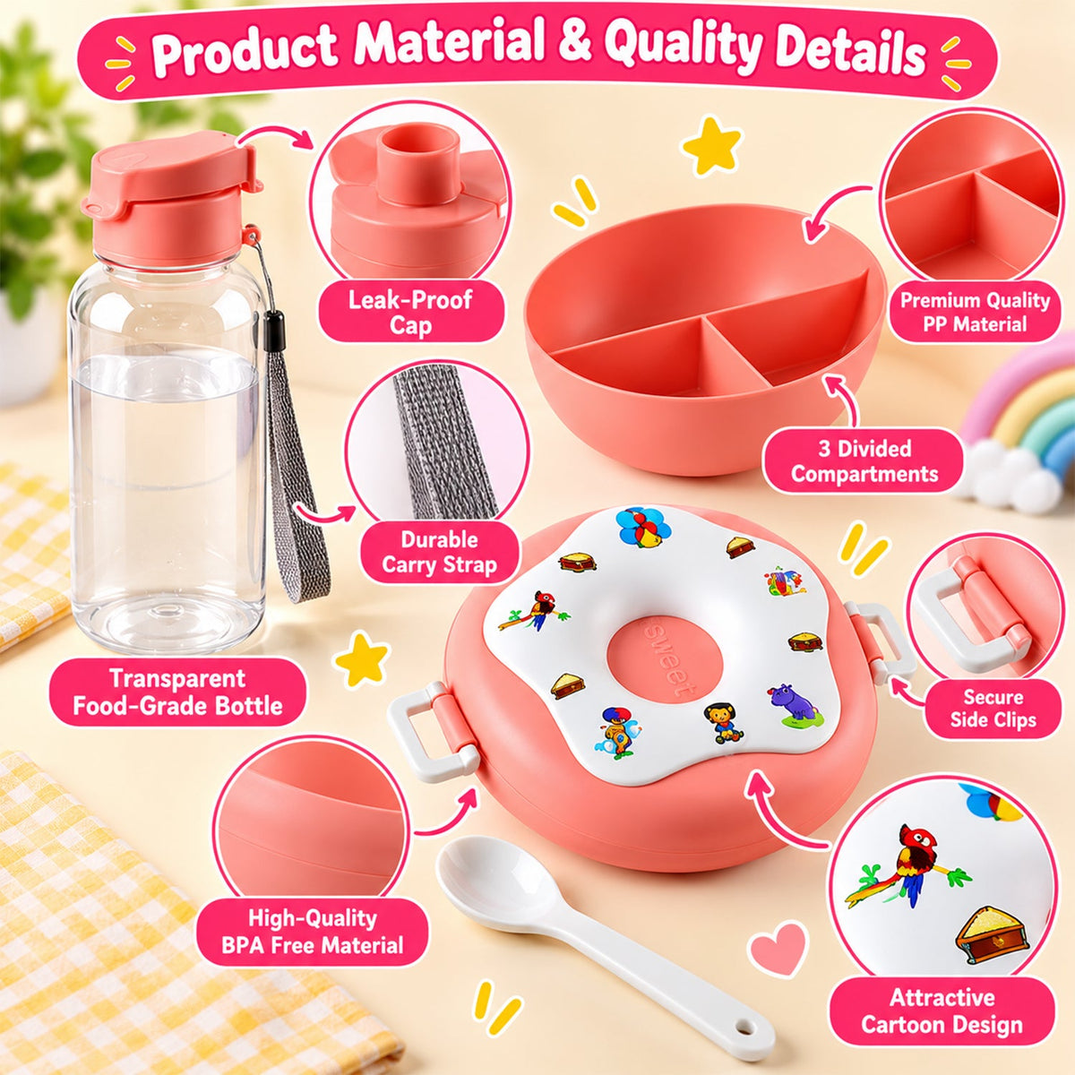 A detailed graphic showcasing the product materials and quality, including the leak-proof bottle and BPA-free lunch box.
