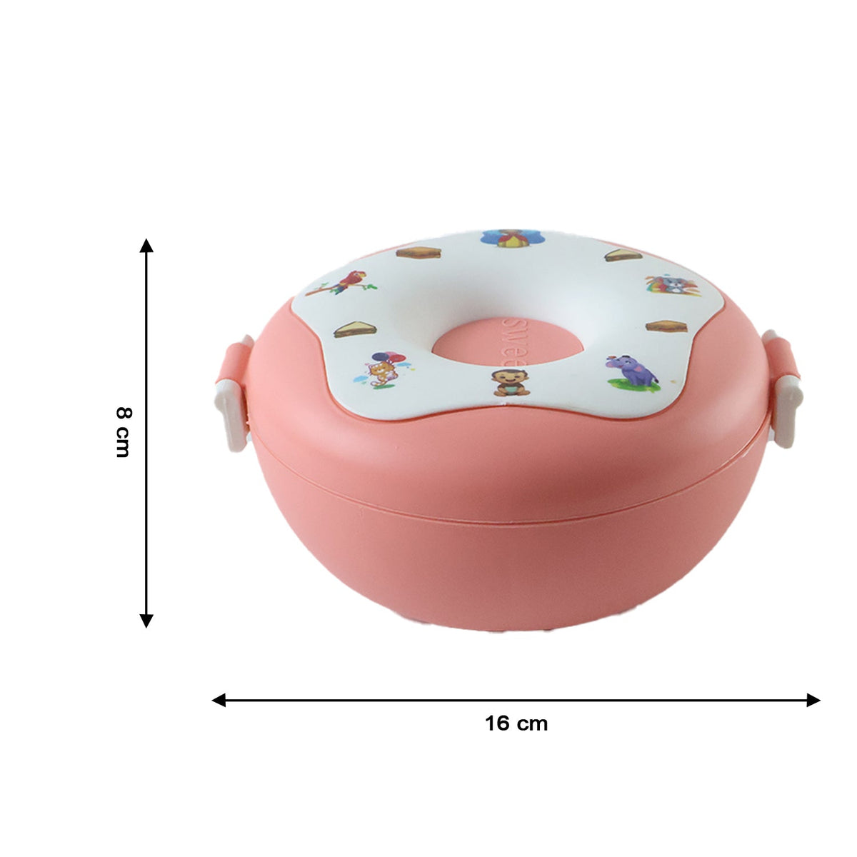 A closed pink donut-shaped lunch box with white handles, showing its height of 8 cm and width of 16 cm with measurement