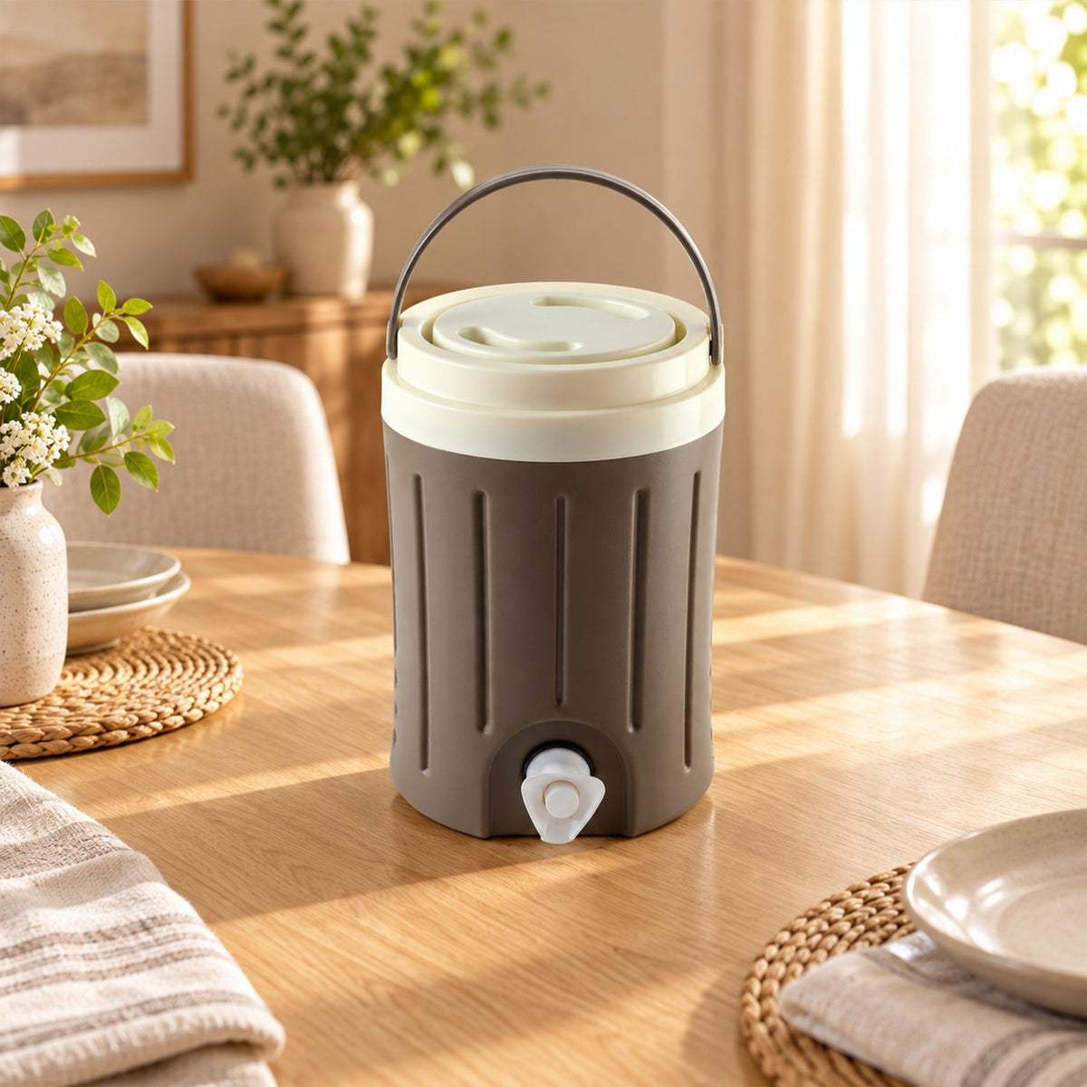 A brown and cream insulated jug with a handle sits on a light wooden dining table with place settings.