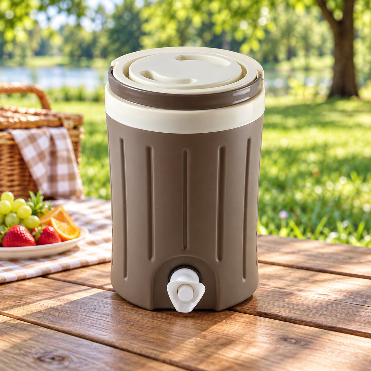 A brown and cream insulated jug with a tap sits on a wooden picnic table with fruit and a basket nearby.