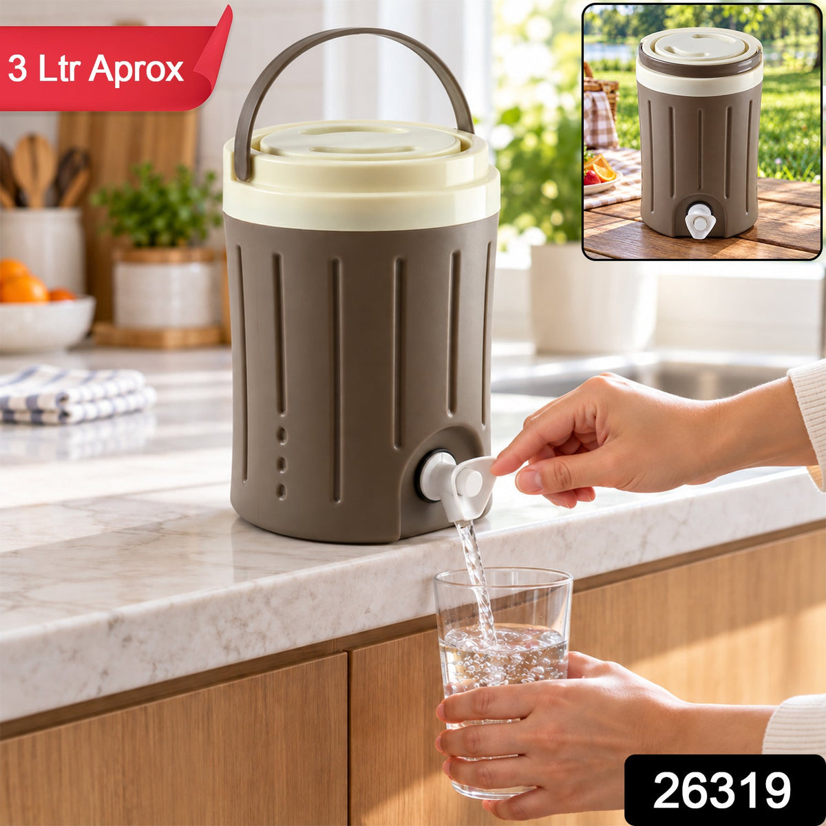 A brown and cream insulated jug with a tap on a kitchen counter, with a smaller inset image showing it outdoors.