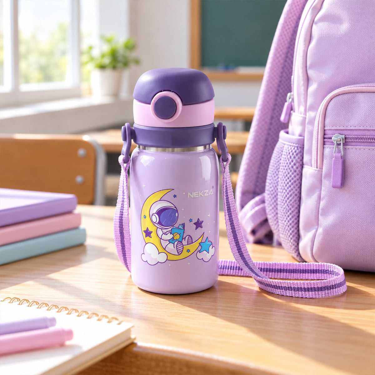 A purple astronaut-themed water bottle with a strap and handles sits on a wooden desk next to a purple backpack.