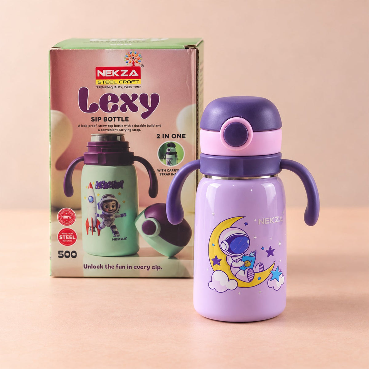 A purple Nekza Lexy sip bottle with an astronaut print sits next to its green-colored packaging.
