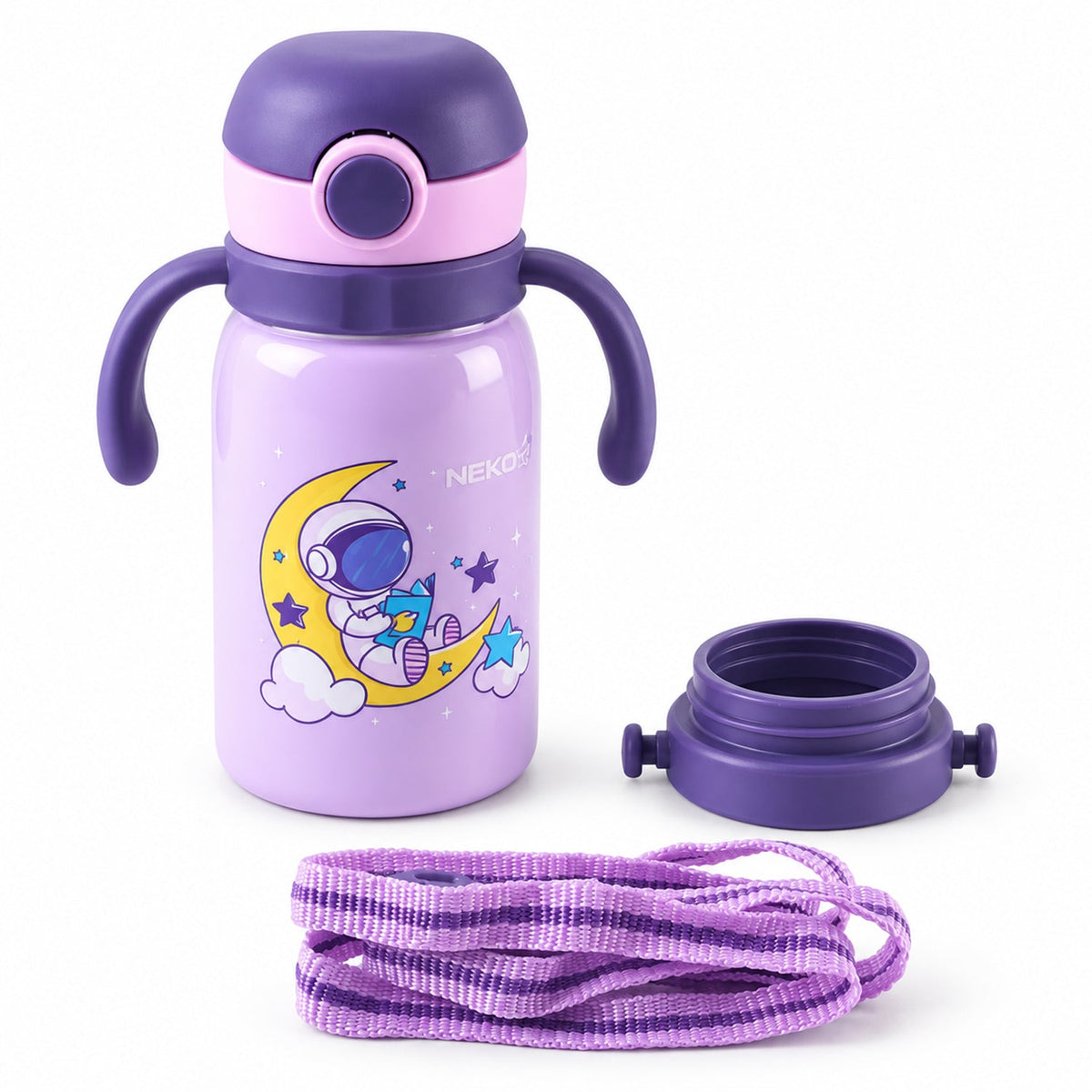 A purple astronaut-themed water bottle with handles, a matching lid, and a striped purple strap on a white surface.
