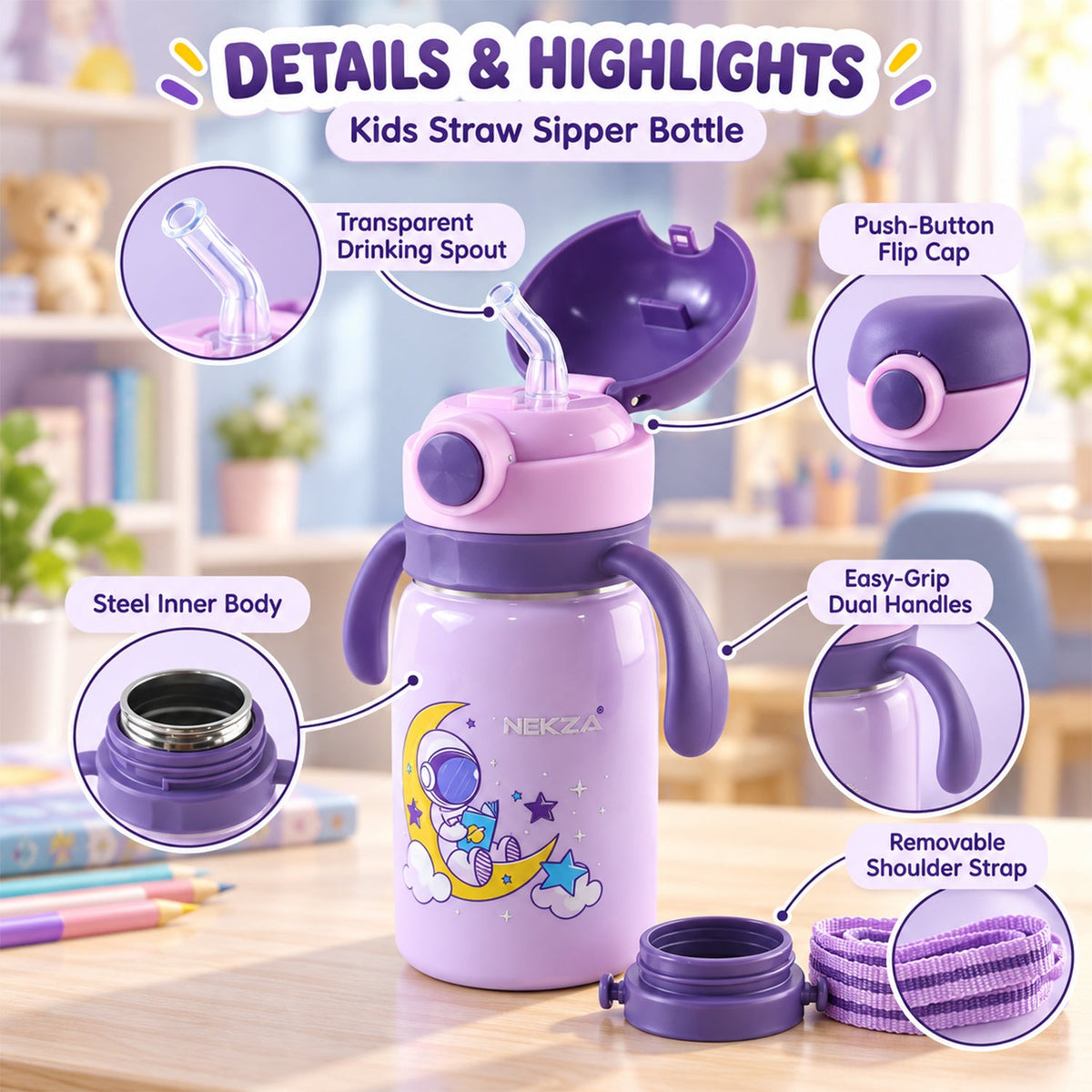 A purple astronaut-themed water bottle with callouts highlighting its transparent spout, push-button flip cap, steel inner