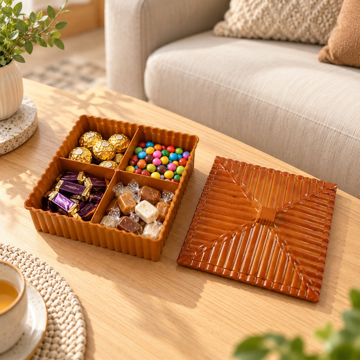 Brown four-compartment dry fruit and snack box with a ribbed lid, filled with assorted chocolates and candies.