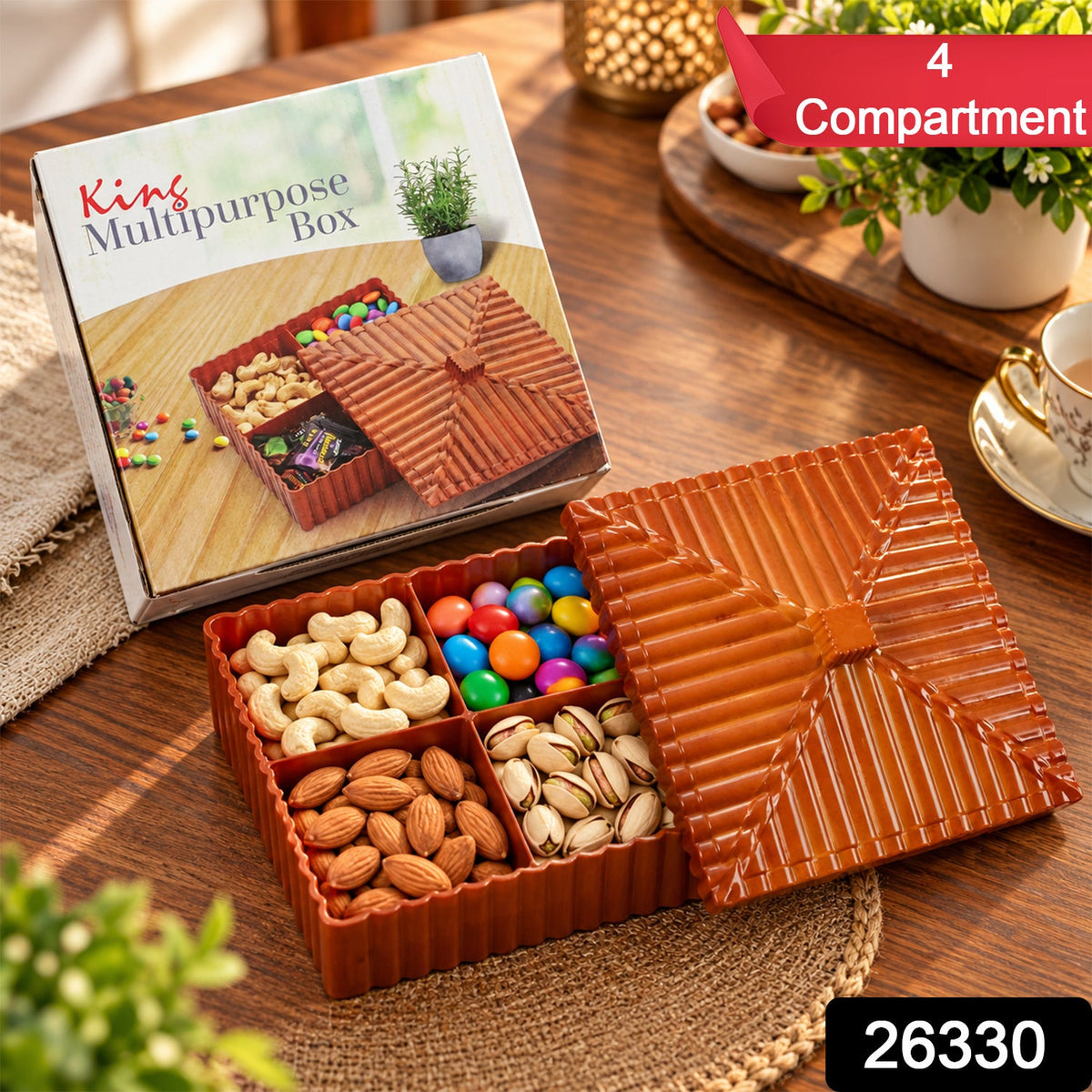 Brown four-compartment dry fruit and snack box with a ribbed lid, filled with various nuts and candies. – view 2