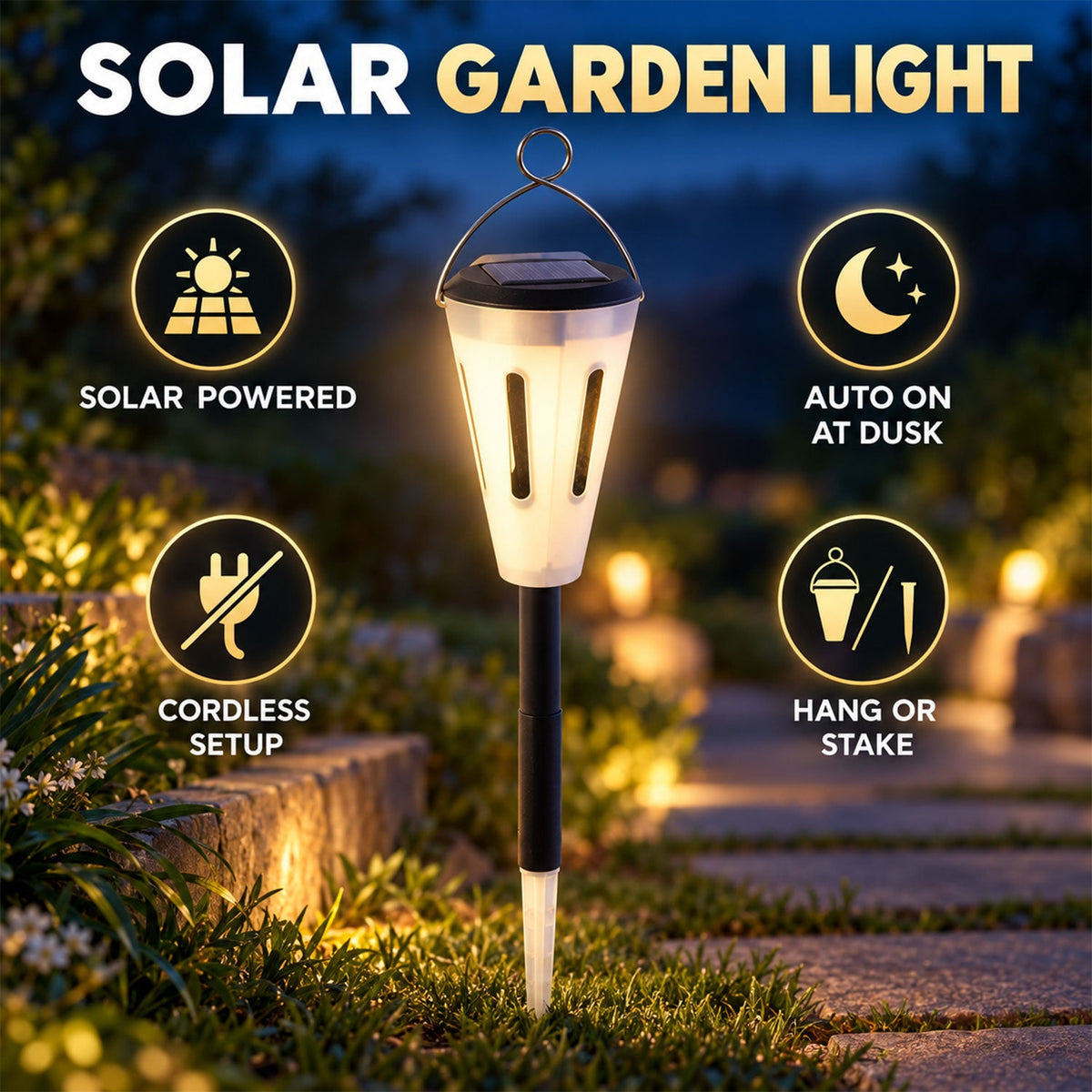A solar garden light with a hanging loop and ground stake is shown with four feature icons.