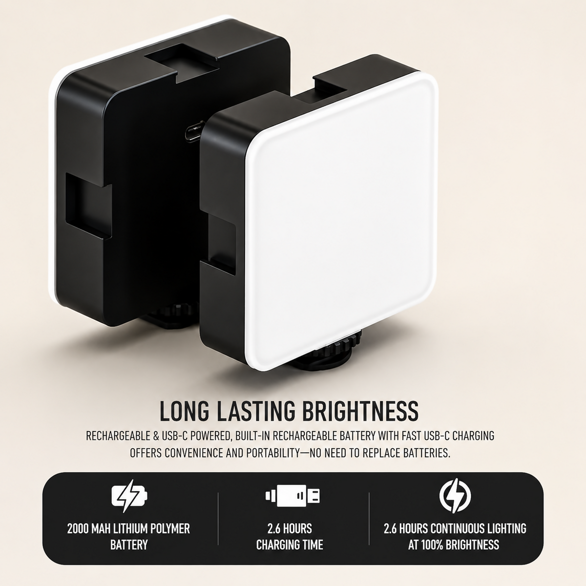 Two black and white square LED video lights with diffusers, one slightly behind the other, on a light background.