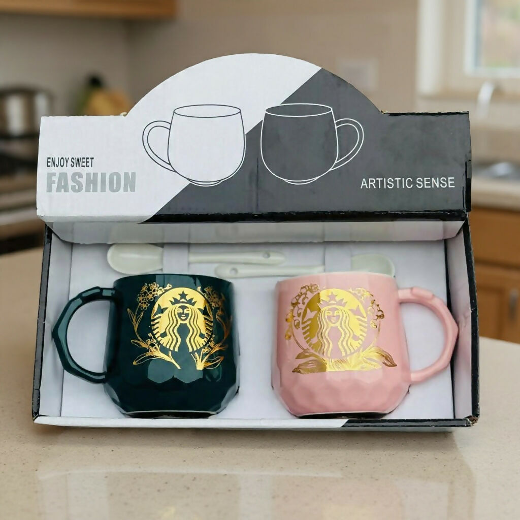 Ceramic Coffee Mug Set of 2 with Spoons, Designer Tea Cups