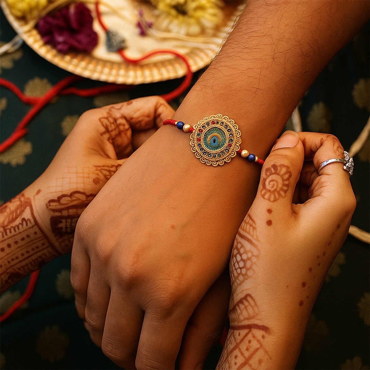 Elegant flower Rakhi with traditional thread design