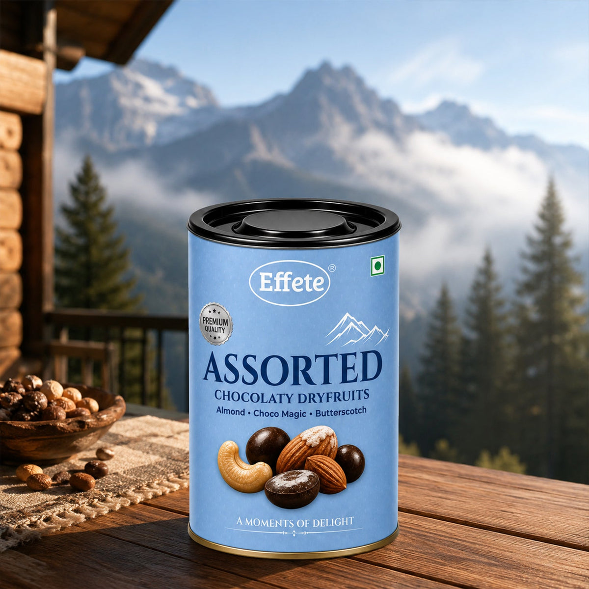 Effete assorted chocolaty dryfruits tin next to scattered chocolate pieces.