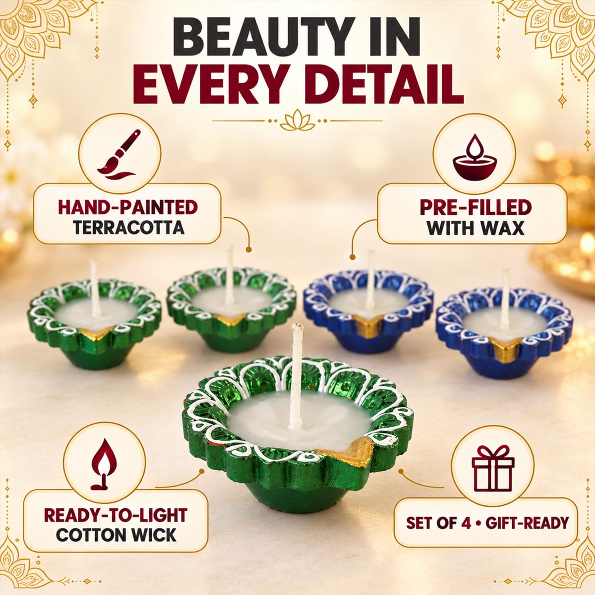 Decorative Flower-Shaped Clay Wax Diyas in Blue & Green (4 Pc)