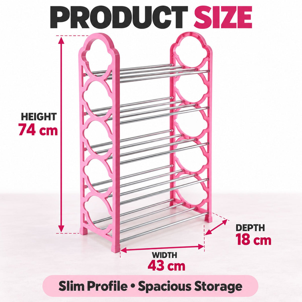The pink shoe rack with measurement overlays indicating its height, width, and depth for product sizing.