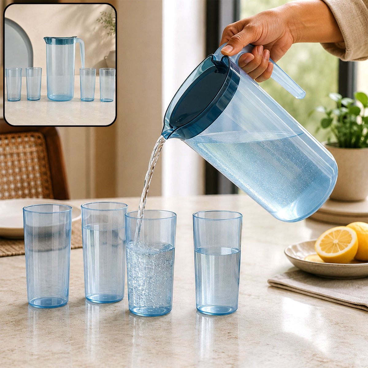 Apex Crystal Premium Jug with Lid & 4 Pcs Glass (1500 ML / 300 ML Approx / 5 Pcs Set)
