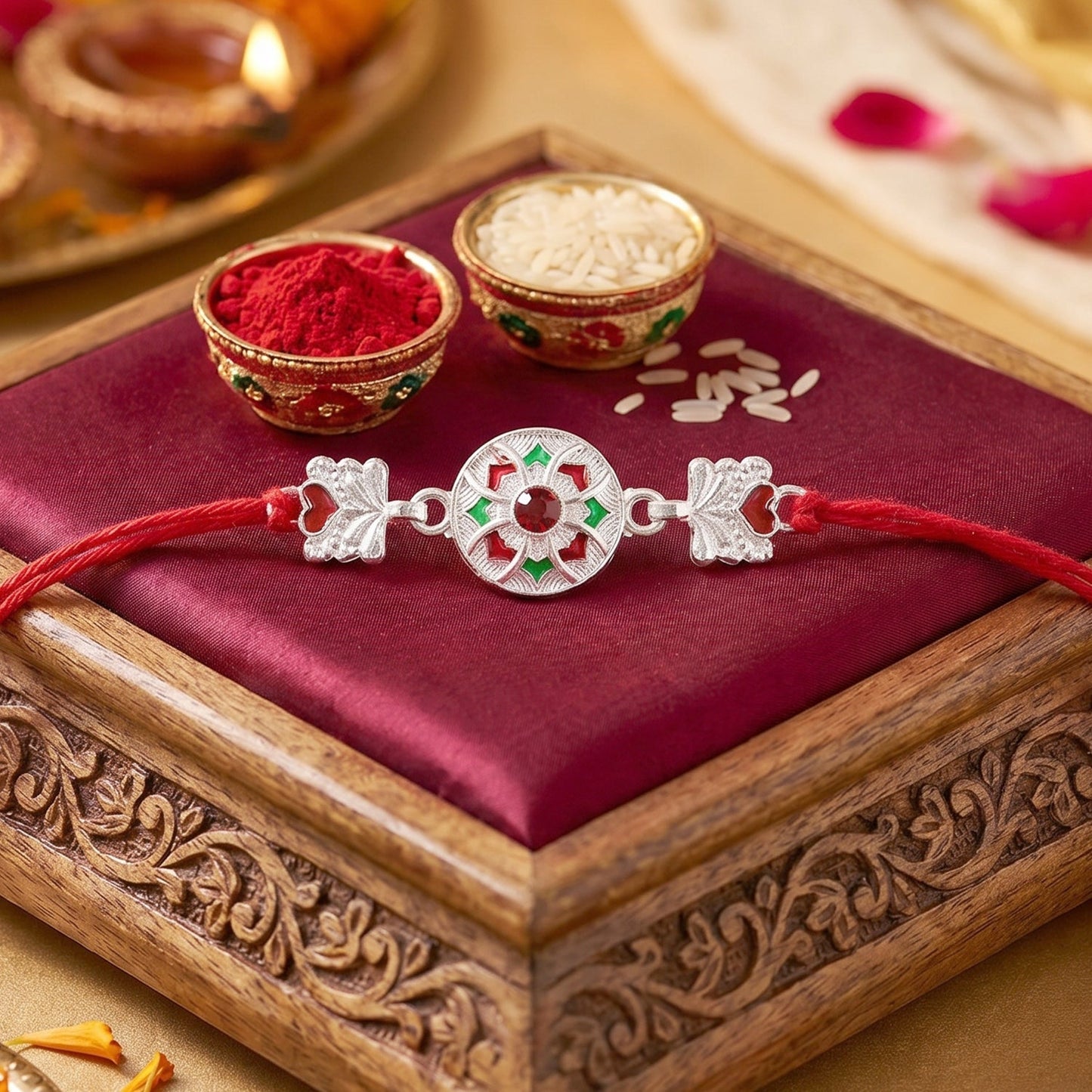 Detailed view of silver rakhi center with vibrant red & green accents