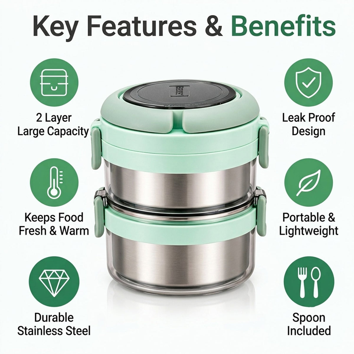 Features of steel lunch box set.