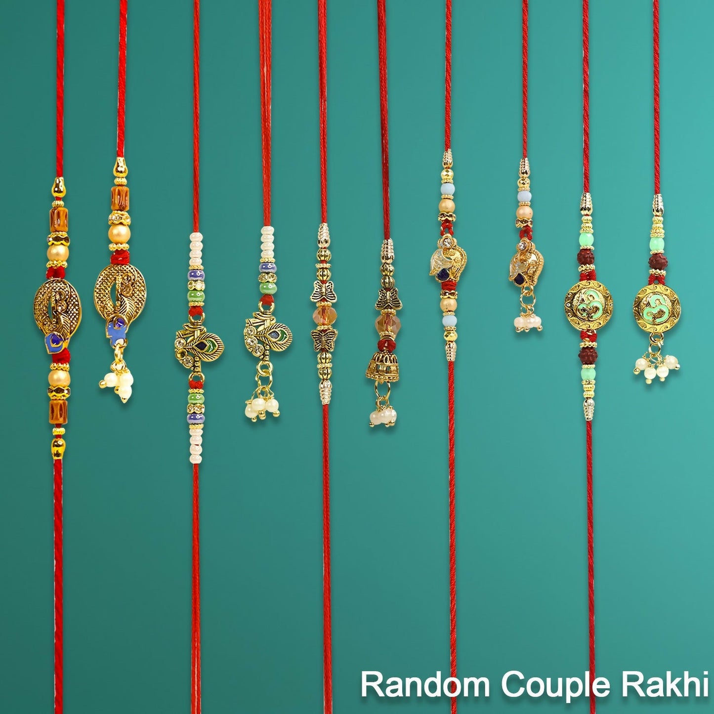 Bhaiya Bhabhi surprise couple Rakhi pair with traditional and stylish motifs on red threads