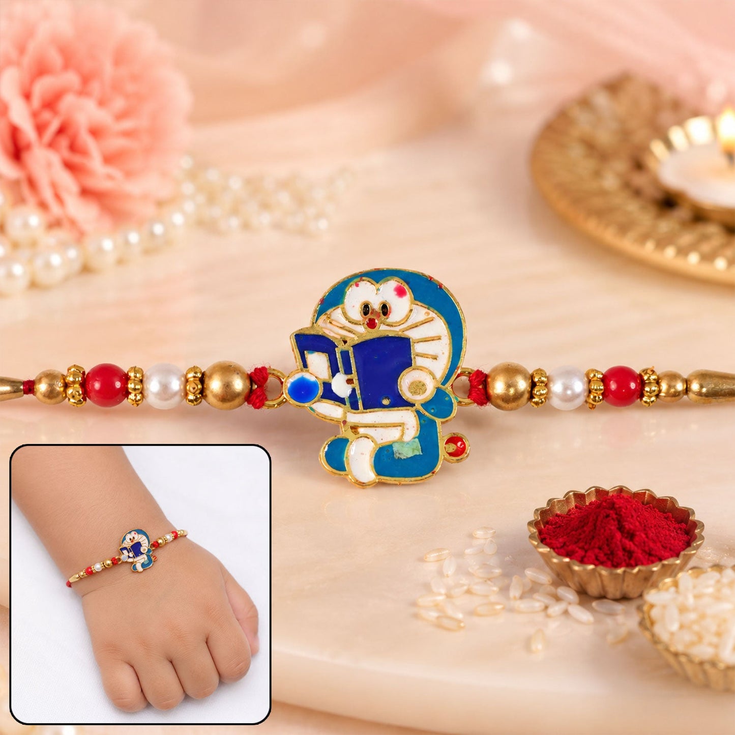 Front view of Doraemon Kids Rakhi with colorful beads and playful blue charm.