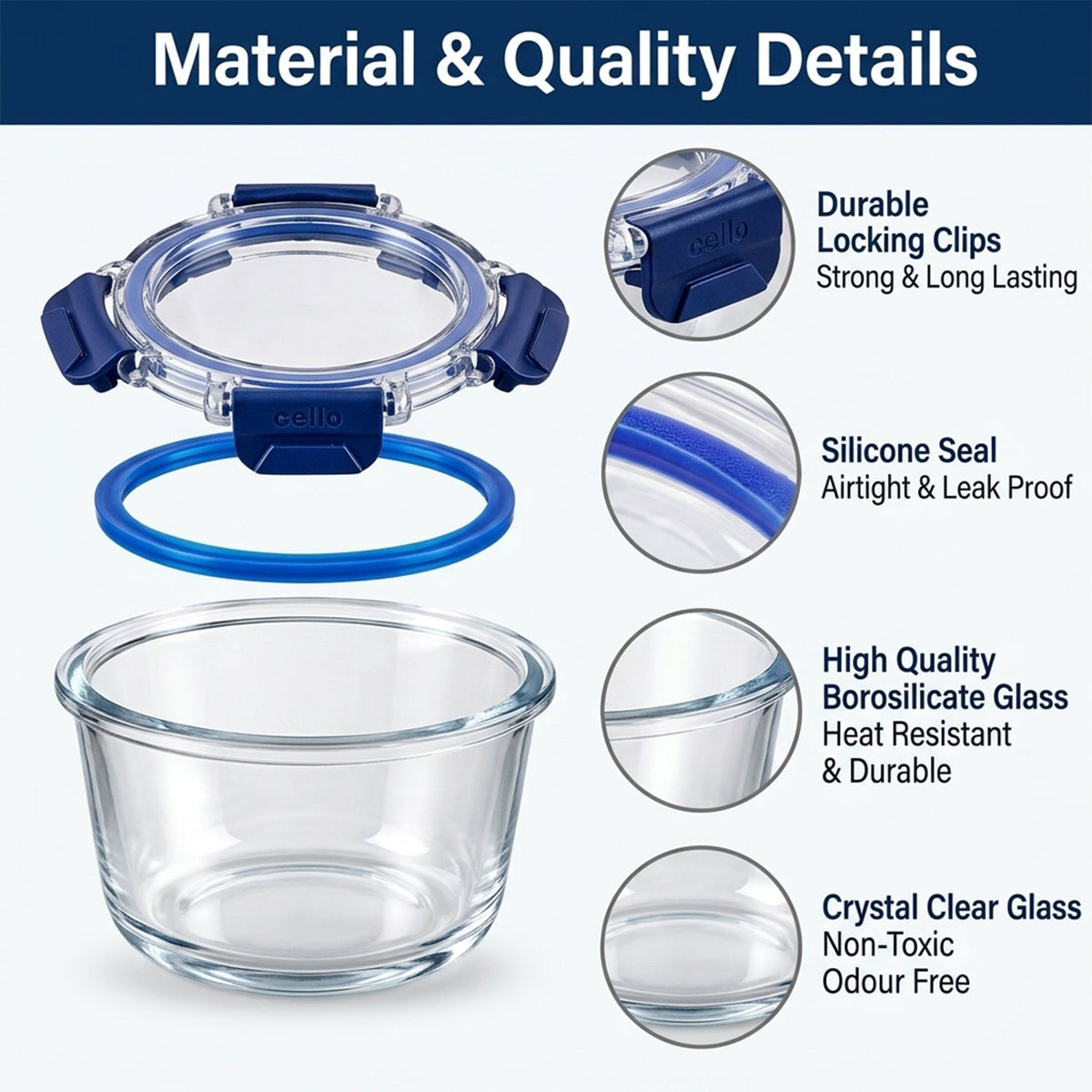 Cello 240ml Round Glass Food Storage Container with Smart Lock Lid (1 Pc)