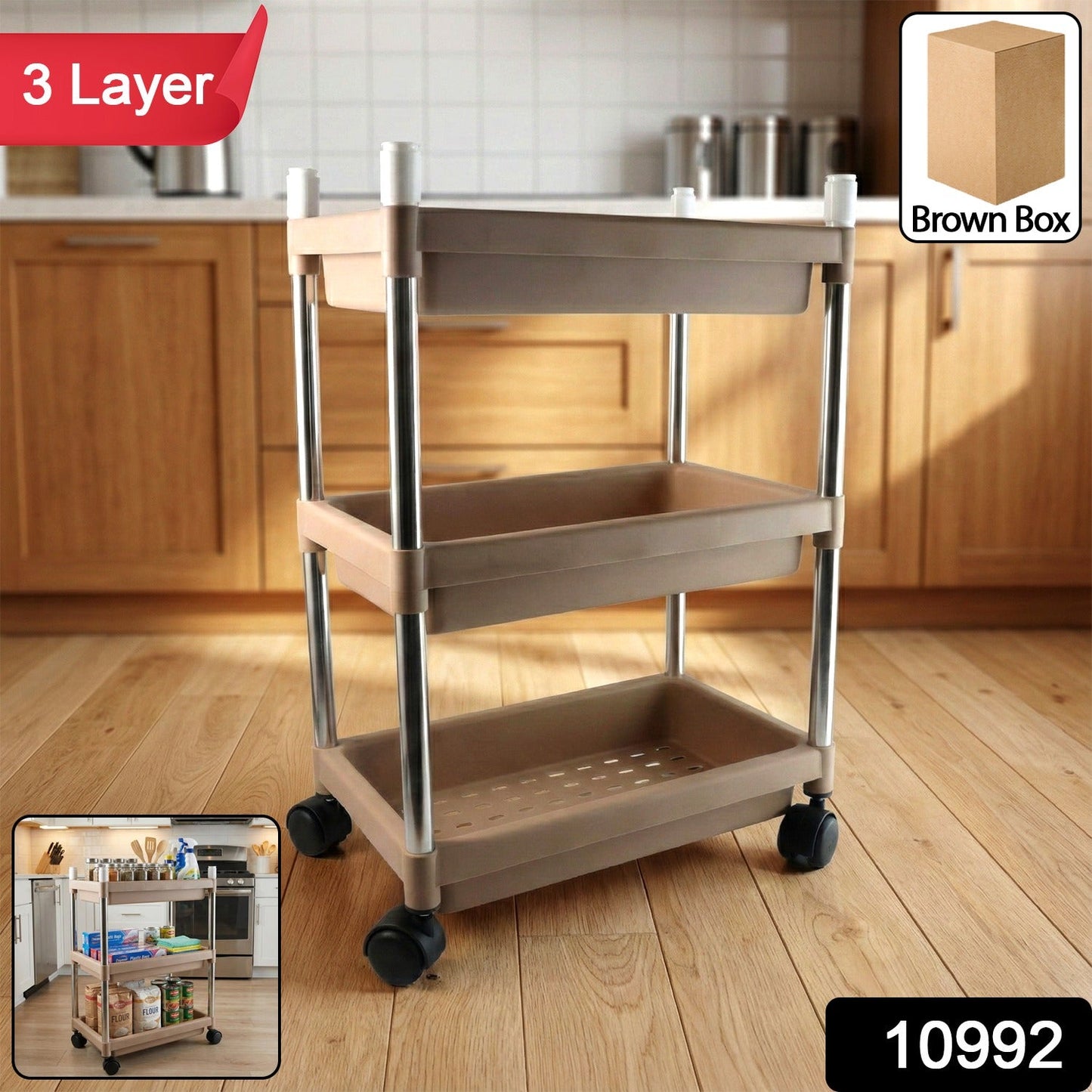 Rolling home storage trolley with shelves