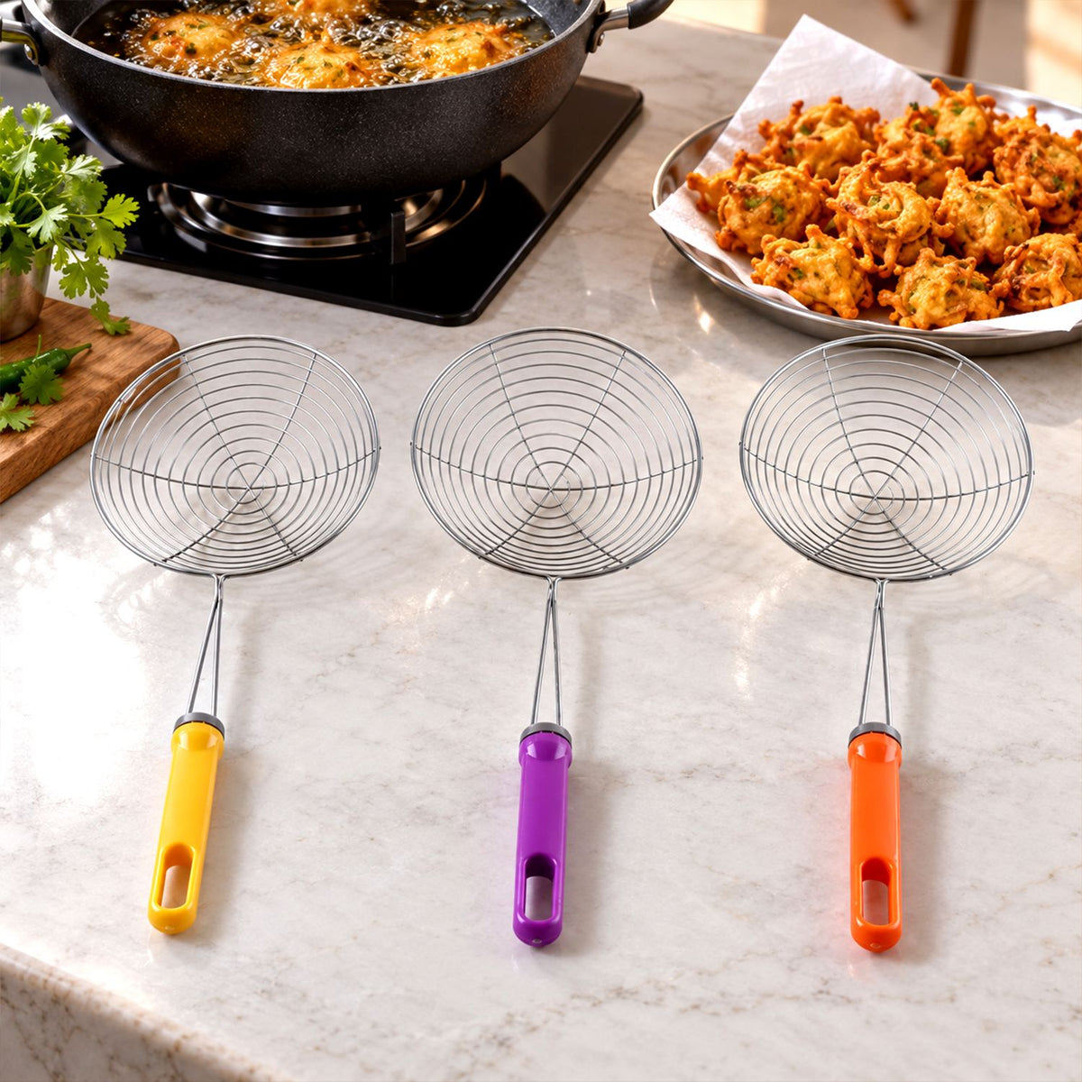Stainless Steel Frying Oil Strainer Skimmer Spoon with Plastic Handle, Set of 3