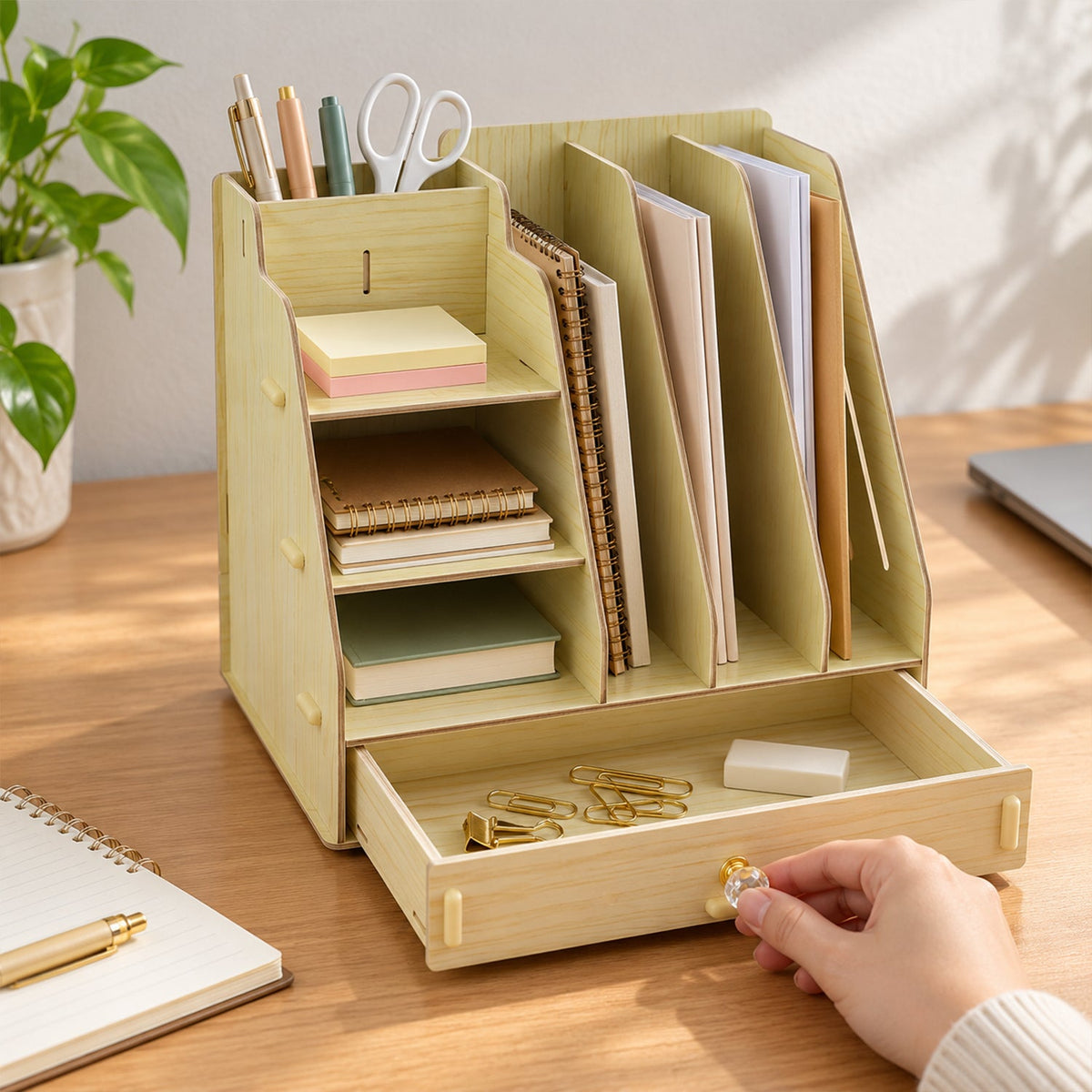 Light wood desk organizer with pens, notebooks, and paper clips, a hand pulls the drawer.