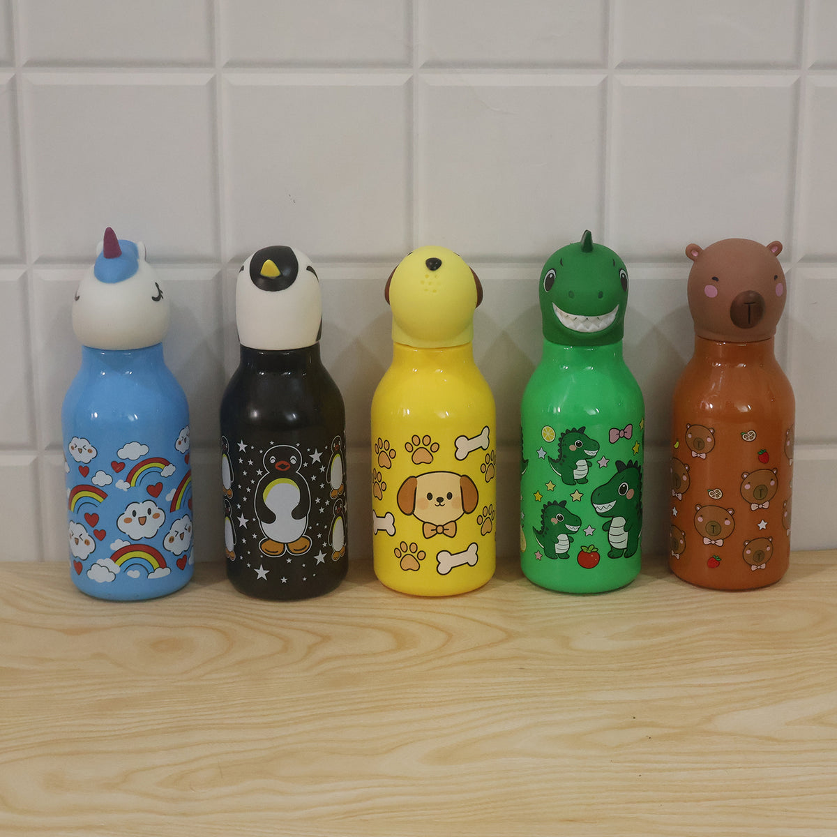 Kids Animal Water Bottle with 3D Character Cap and Printed Design (1 Pc, Mix Design)