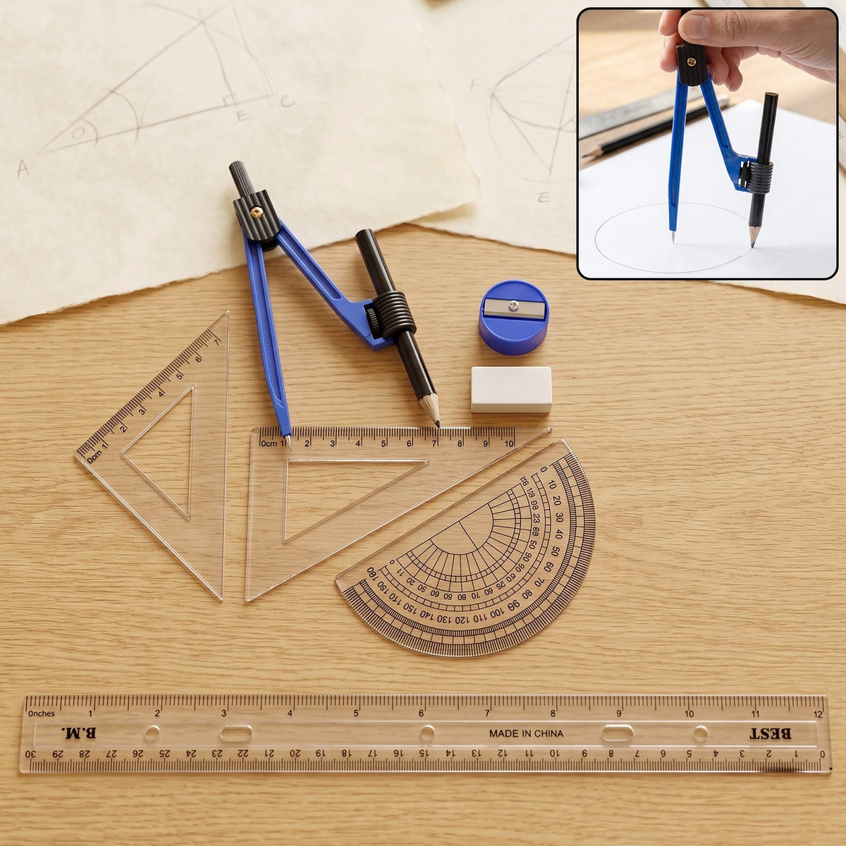 8 in 1 geometry stationery set with compass and rulers
