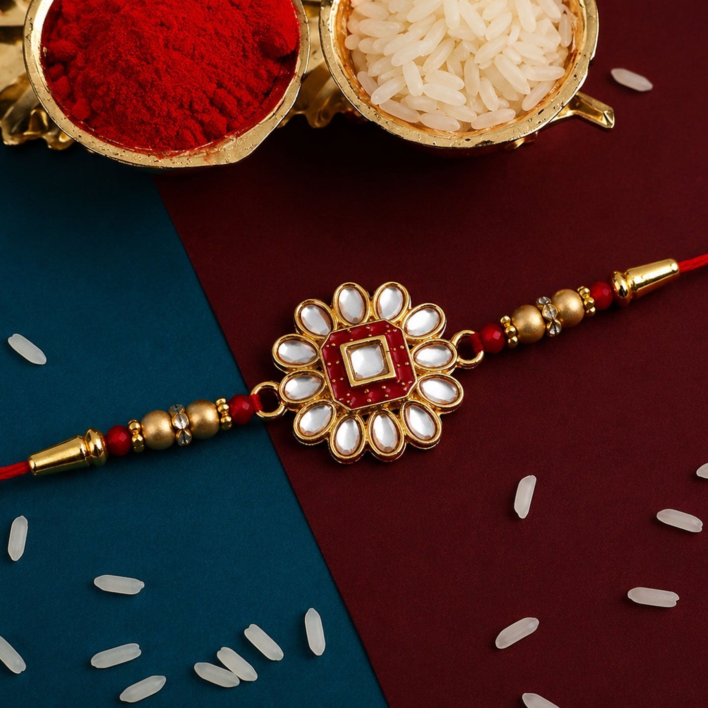 Close-up of Traditional Rakhi featuring flower design with sparkling stones and beads.