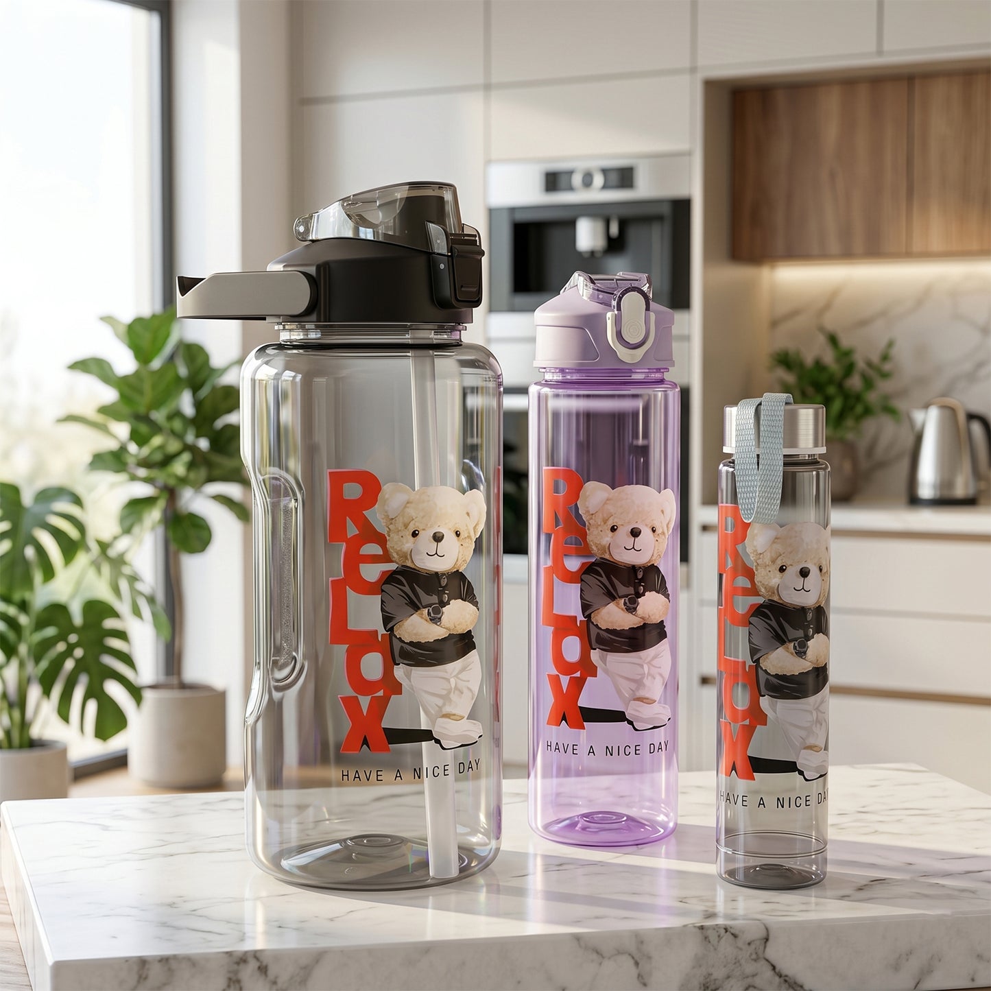 Plastic Water Bottle Set – BPA-Free, Leak-Proof, Cartoon Design for Kids & Gym (3 Pc Set)