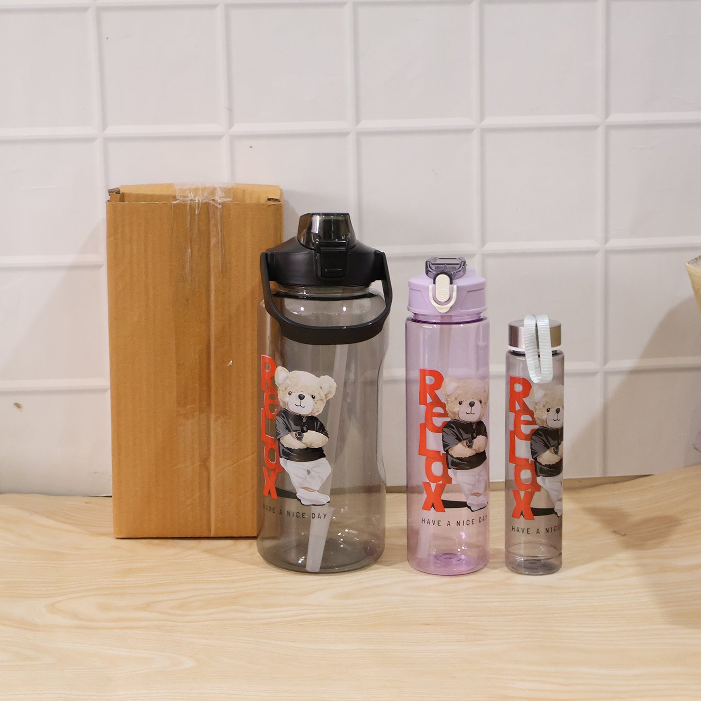 Plastic Water Bottle Set – BPA-Free, Leak-Proof, Cartoon Design for Kids & Gym (3 Pc Set)